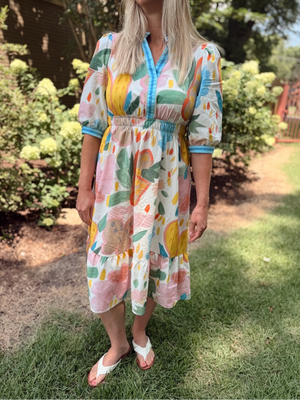 Multicolour Floral Doodle Print Striped Trim V Neck Midi Dress - Picture 8 of 8